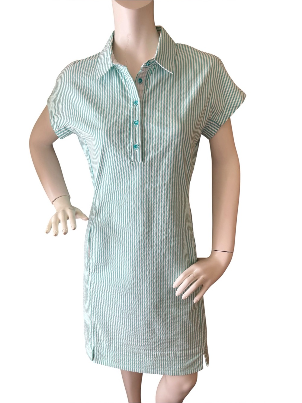 Renuar Collared Seersucker Teal and White Cotton Striped Short Sleeve Dress, M